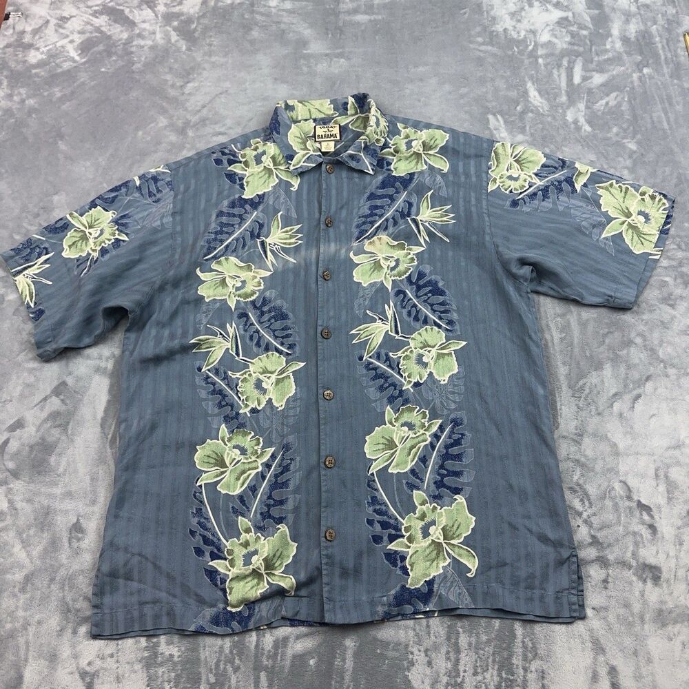 Tommy Bahama Shirt Mens Size M Blue Floral Hawaiian Silk Button Up Camp HAS FLAW